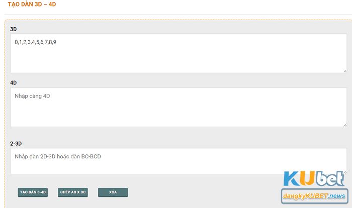 Hướng dẫn tạo dàn đề ba càng, bốn càng tại Kubet