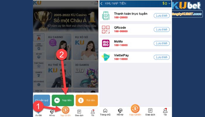 Vào mục Nạp tiền tại sân chơi cá cược Kubet để giao dịch 